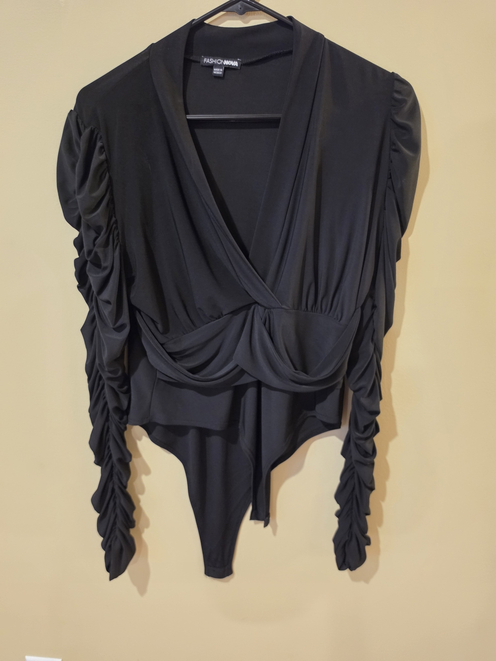 Fashion Nova Black Ruched-Sleeve Wrap Bodysuit